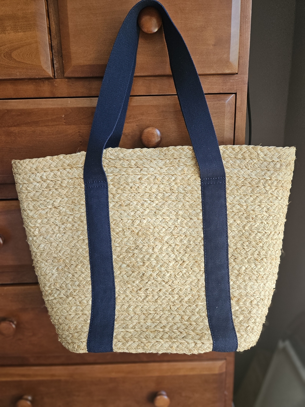 J.Crew Raffia straw structured tote bag featuring navy handles